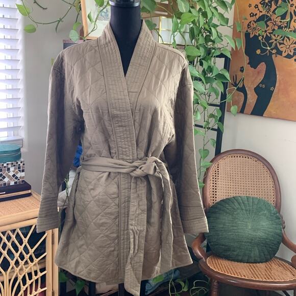 Billabong Khaki Green Diamond Quilted Open Front Tie Waist Kimono Jacket - L - Picture 1 of 7